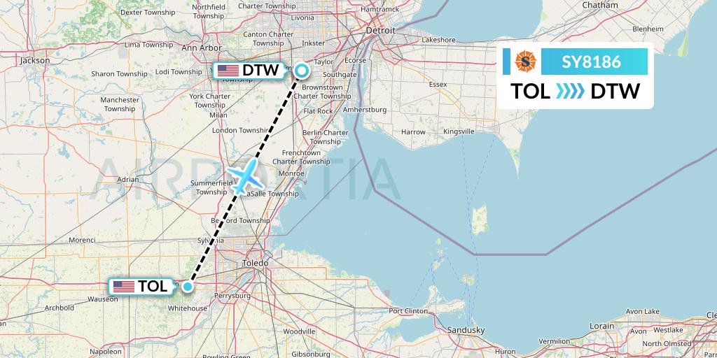 SY8186 Sun Country Airlines Flight Map: Toledo to Detroit