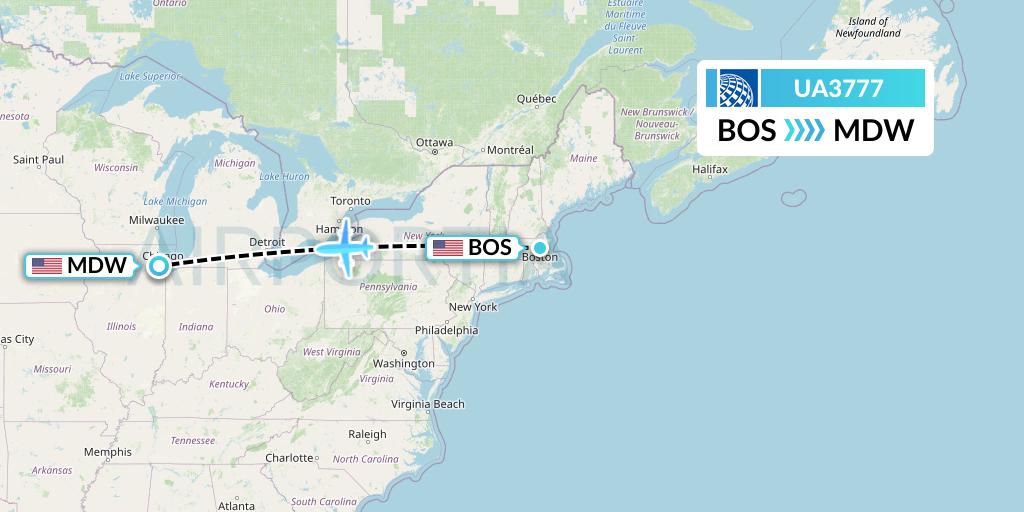 UA3777 United Airlines Flight Map: Boston to Chicago