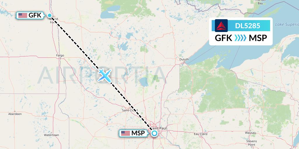 DL5285 Delta Air Lines Flight Map: Grand Forks to Minneapolis