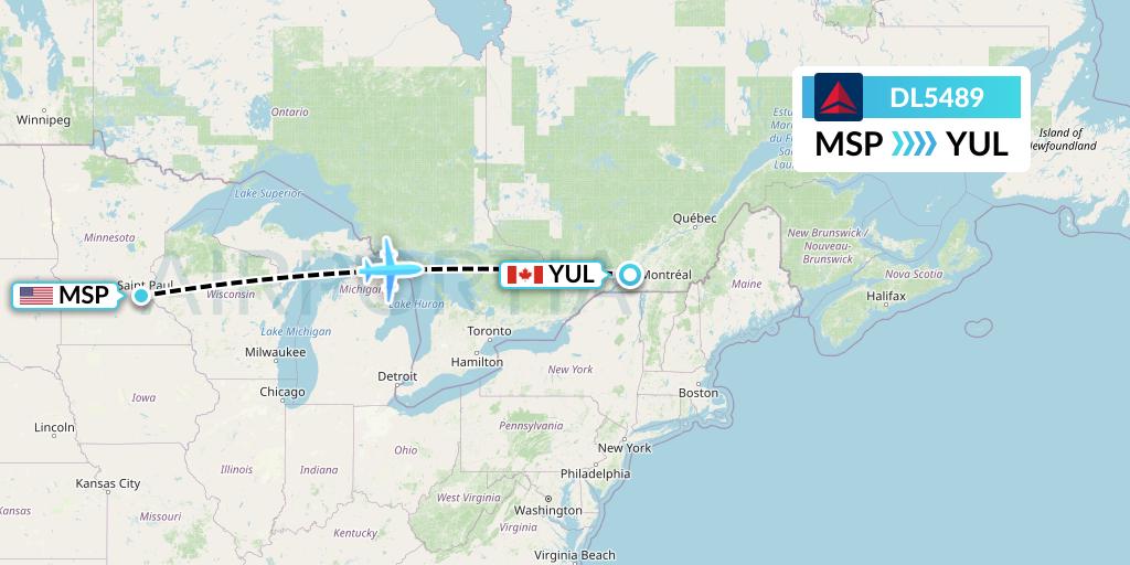 DL5489 Delta Air Lines Flight Map: Minneapolis to Montreal
