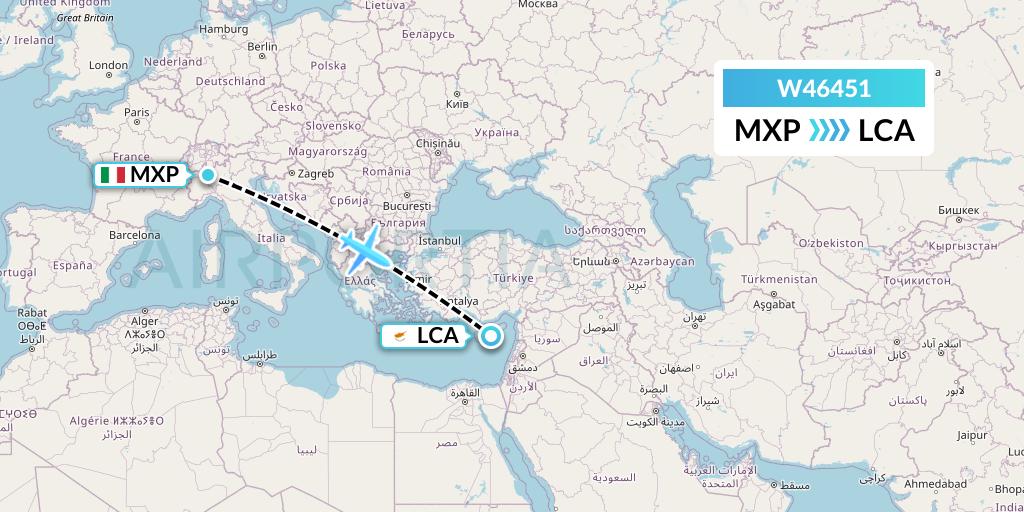 W46451 Wizz Air Malta Flight Map: Milan to Larnaca