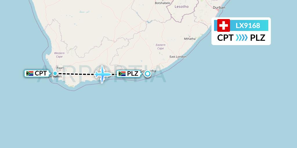 LX9168 Swiss Flight Map: Cape Town to Port Elizabeth