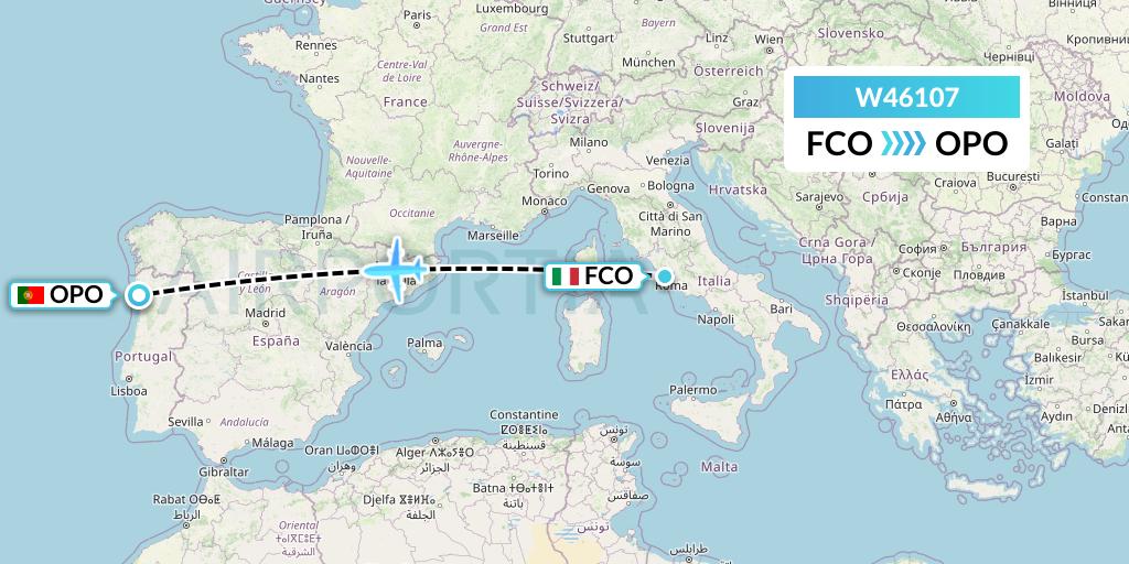 W46107 Wizz Air Malta Flight Map: Rome to Porto