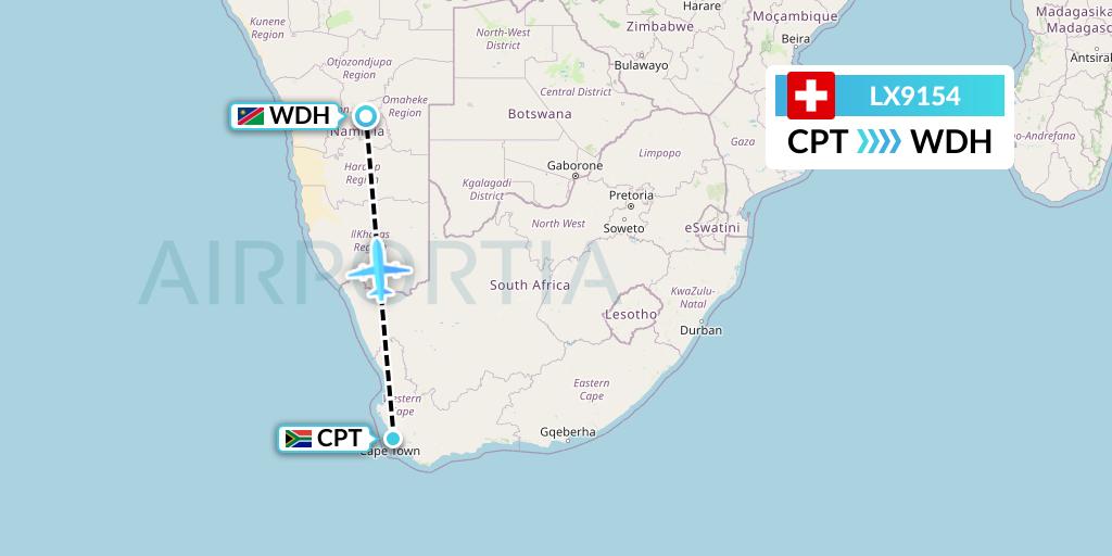 LX9154 Swiss Flight Map: Cape Town to Windhoek