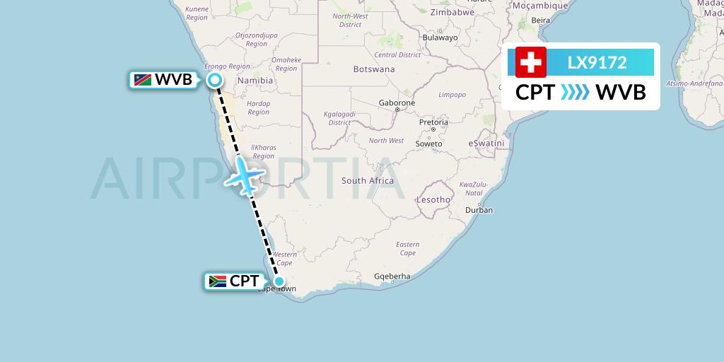LX9172 Swiss Flight Map: Cape Town to Walvis Bay