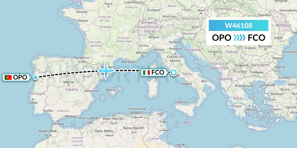 W46108 Wizz Air Malta Flight Map: Porto to Rome