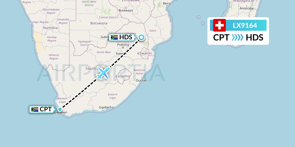 LX9164 Swiss Flight Map: Cape Town to Hoedspruit