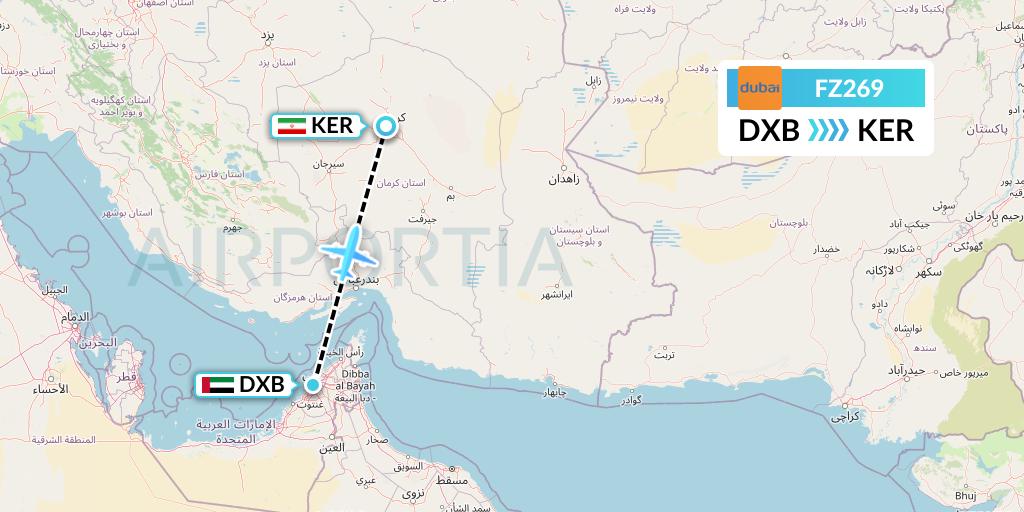 FZ269 FlyDubai Flight Map: Dubai to Kerman