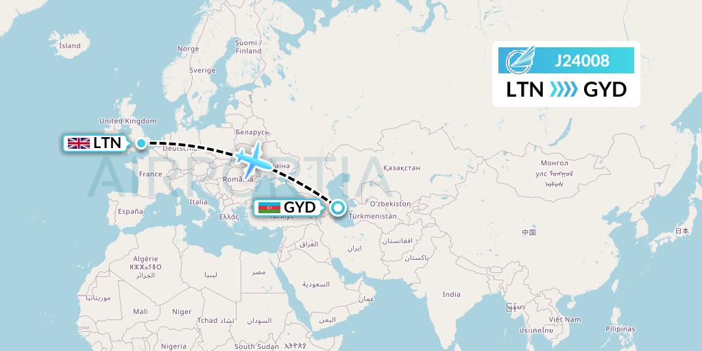 J24008 Azerbaijan Airlines Flight Map: London to Baku