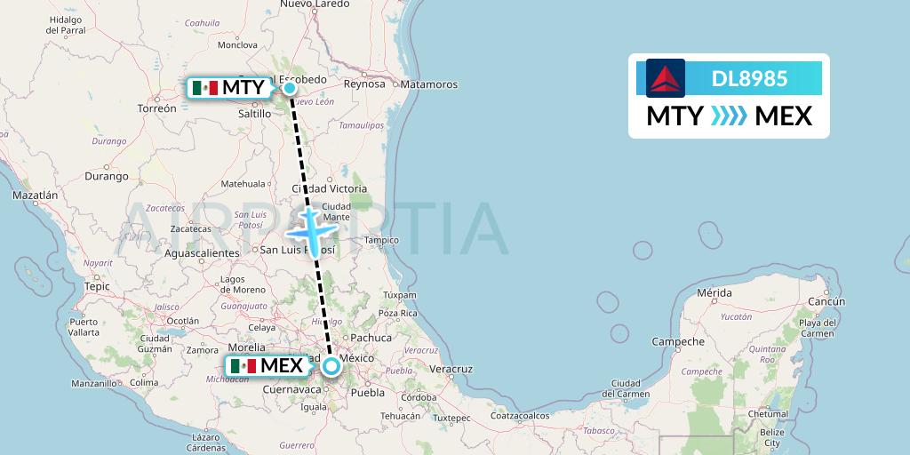 DL8985 Delta Air Lines Flight Map: Monterrey to Mexico City