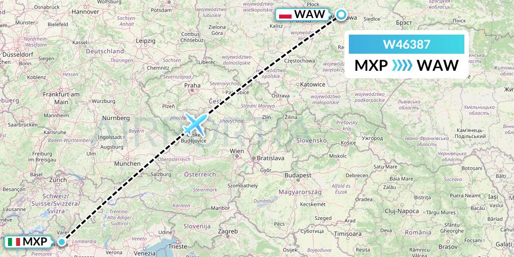 W46387 Wizz Air Malta Flight Map: Milan to Warsaw