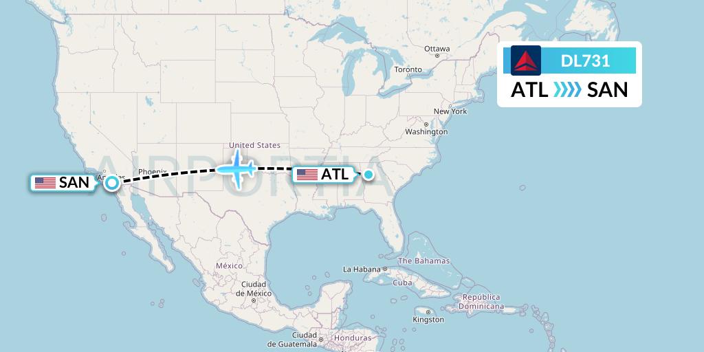 DL731 Delta Air Lines Flight Map: Atlanta to San Diego