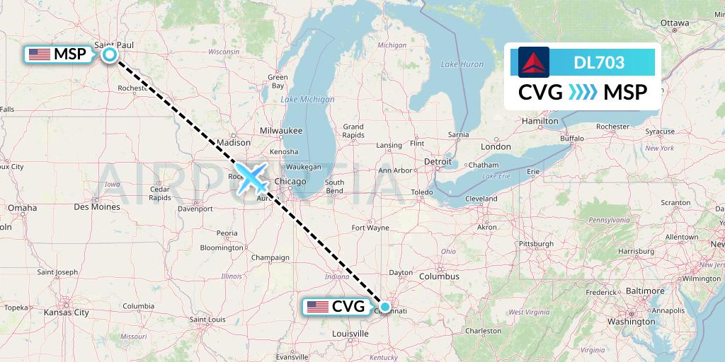 DL703 Delta Air Lines Flight Map: Cincinnati to Minneapolis