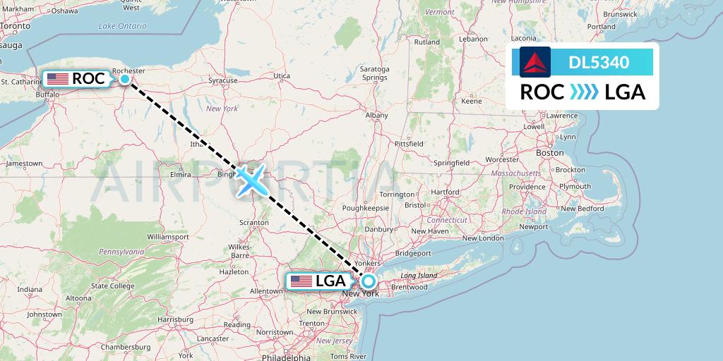 DL5340 Delta Air Lines Flight Map: Rochester to New York