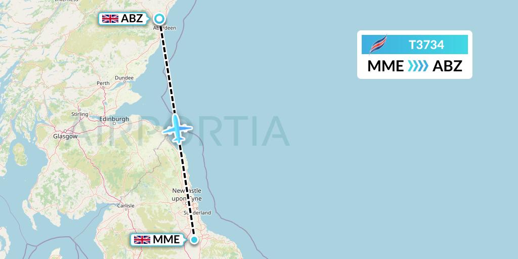 T3734 Eastern Airways Flight Map: Darlington to Aberdeen