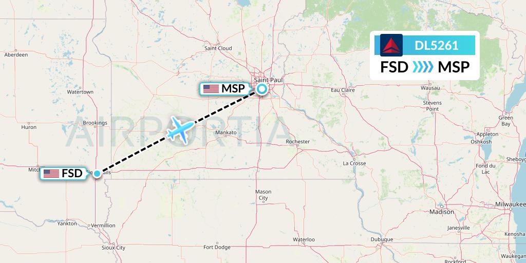 DL5261 Delta Air Lines Flight Map: Sioux Falls to Minneapolis