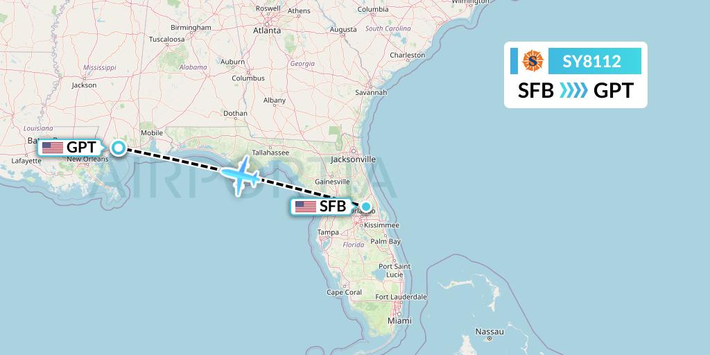 SY8112 Sun Country Airlines Flight Map: Orlando to Gulfport
