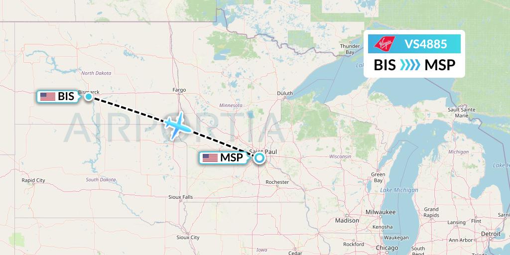 VS4885 Virgin Atlantic Airways Flight Map: Bismarck to Minneapolis