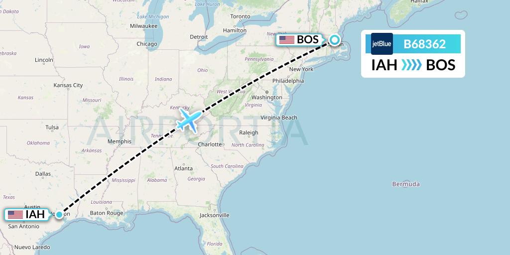 B68362 JetBlue Airways Flight Map: Houston to Boston