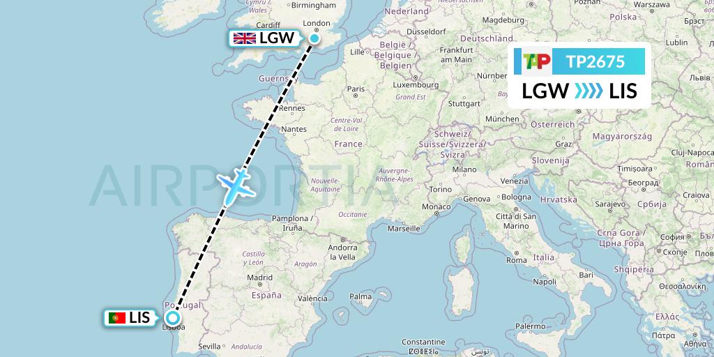 TP2675 TAP Portugal Flight Map: London to Lisbon