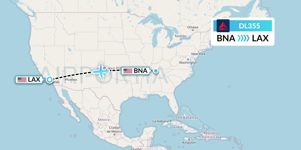 DL355 Delta Air Lines Flight Map: Nashville to Los Angeles