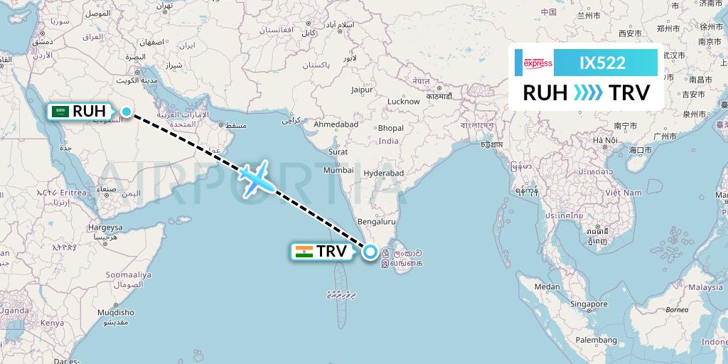 IX522 Air India Express Flight Map: Riyadh to Thiruvananthapuram