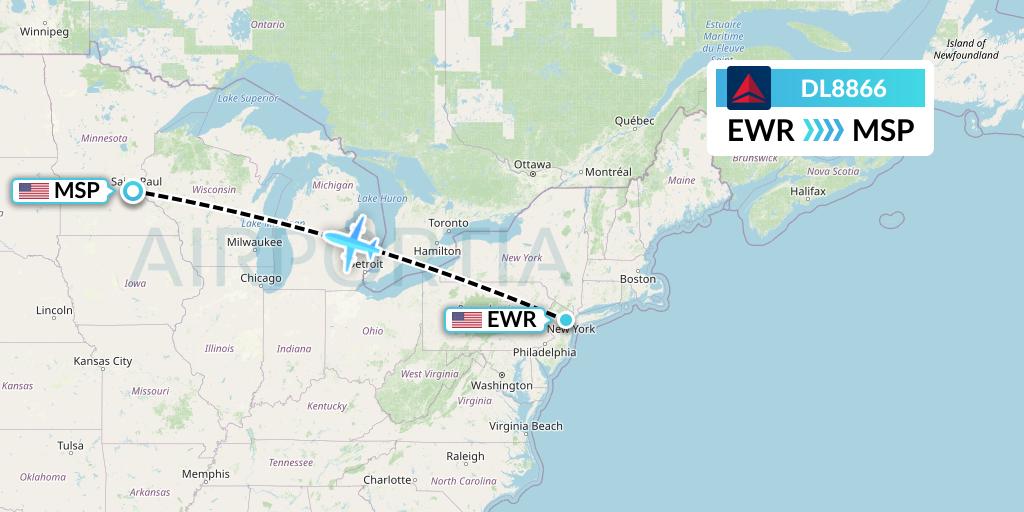 DL8866 Delta Air Lines Flight Map: New York to Minneapolis