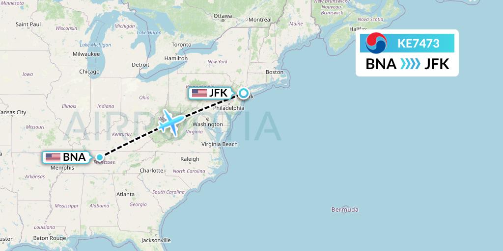 KE7473 Korean Air Flight Map: Nashville to New York
