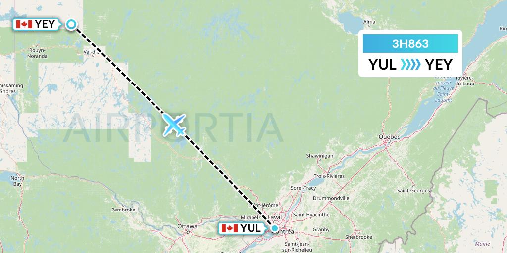 3H863 Air Inuit Flight Map: Montreal to Amos