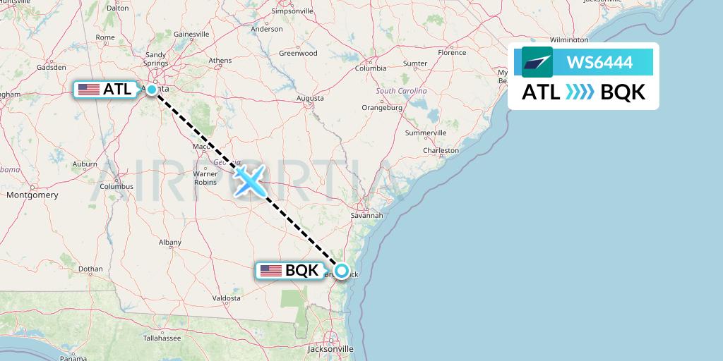WS6444 WestJet Flight Map: Atlanta to Brunswick