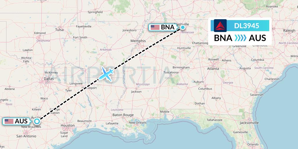 DL3945 Delta Air Lines Flight Map: Nashville to Austin
