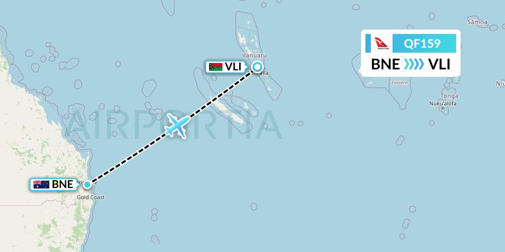 QF159 Qantas Flight Map: Brisbane to Port Vila