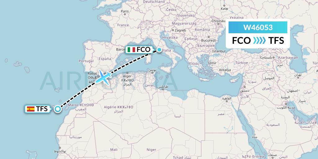 W46053 Wizz Air Malta Flight Map: Rome to Tenerife