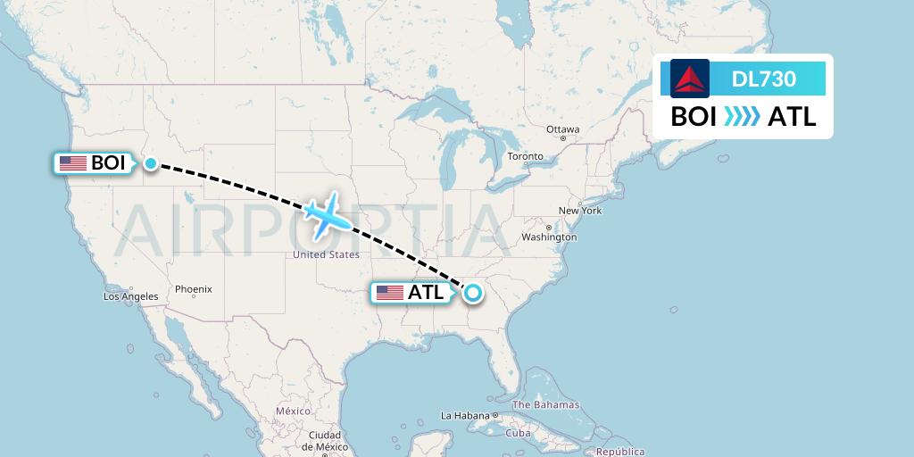 DL730 Delta Air Lines Flight Map: Boise to Atlanta