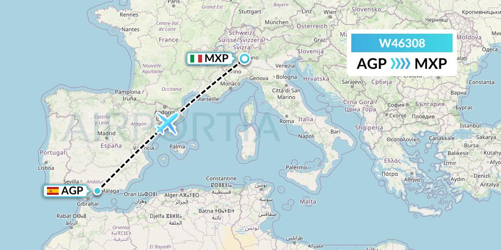 W46308 Wizz Air Malta Flight Map: Malaga to Milan