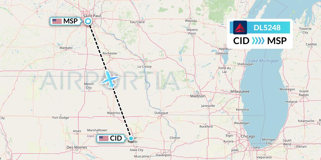 DL5248 Delta Air Lines Flight Map: Cedar Rapids to Minneapolis