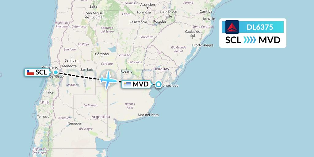 DL6375 Delta Air Lines Flight Map: Santiago to Montevideo