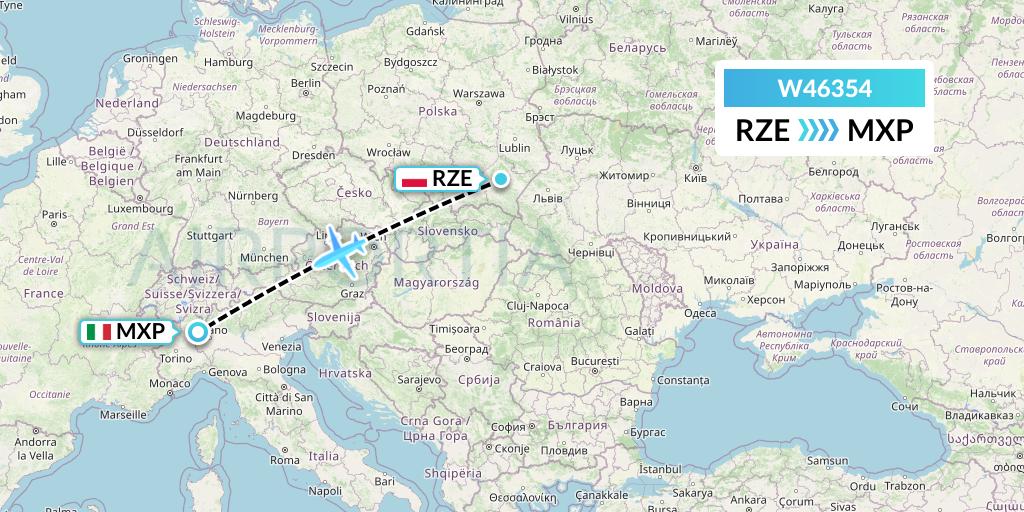 W46354 Wizz Air Malta Flight Map: Rzeszow to Milan