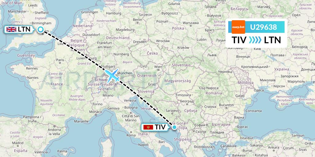 U29638 EasyJet Flight Map: Tivat to London