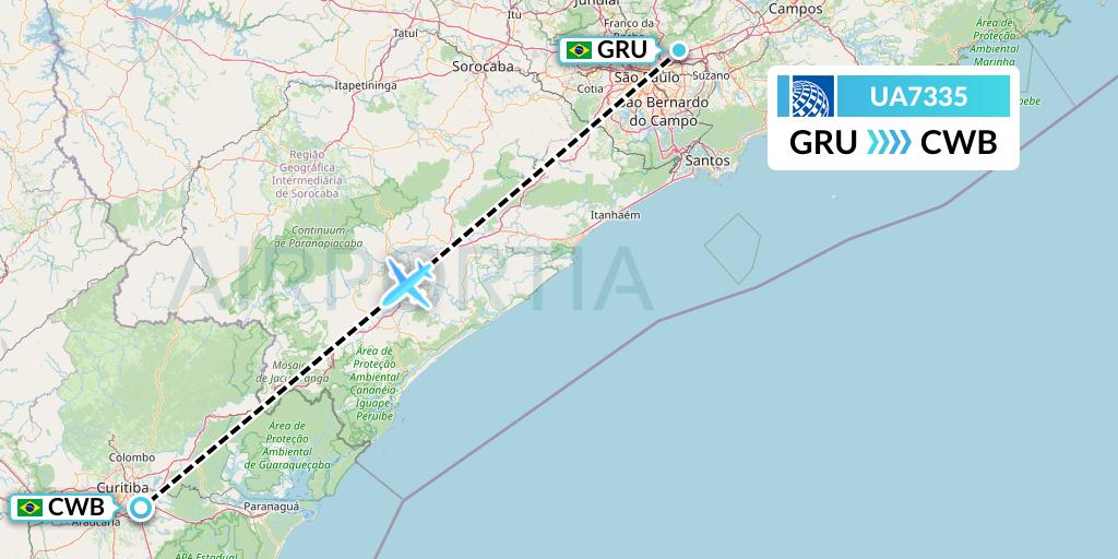 UA7335 United Airlines Flight Map: Sao Paulo to Curitiba