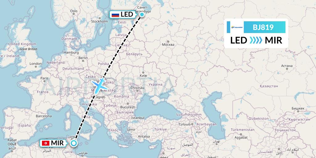 BJ819 Nouvelair Tunisie Flight Map: St. Petersburg to Monastir