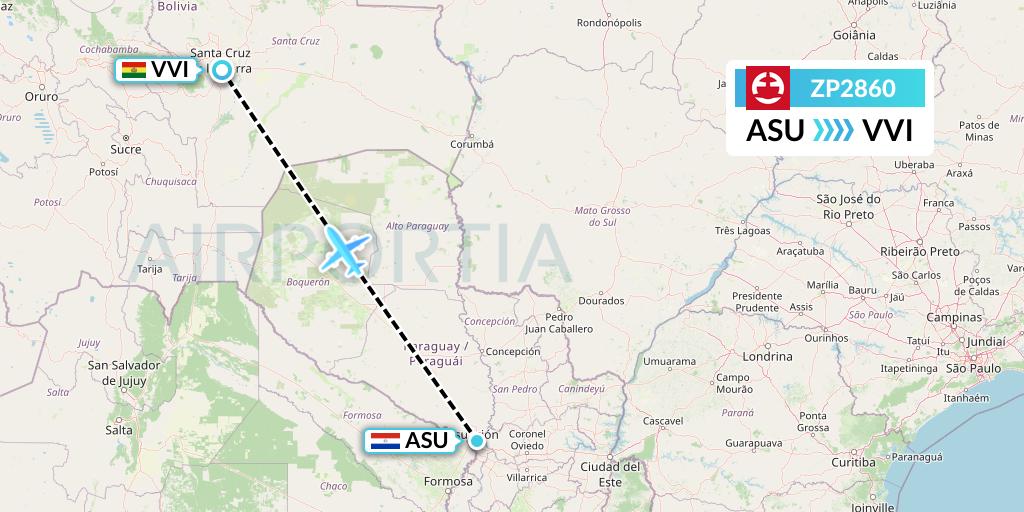 ZP2860 Paranair Flight Map: Asuncion to Santa Cruz