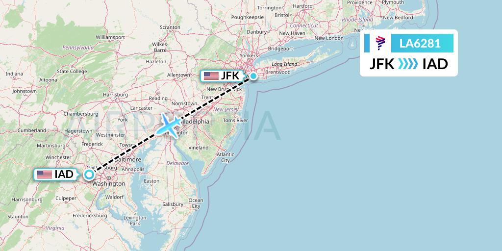 LA6281 LAN Airlines Flight Map: New York to Washington