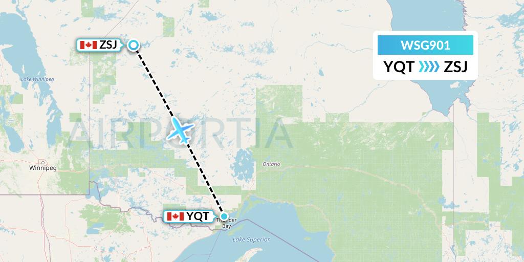 WSG901 Wasaya Airways Flight Map: Thunder Bay to Sandy Lake