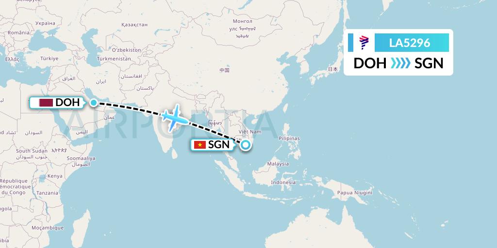 LA5296 LAN Airlines Flight Map: Doha to Ho Chi Minh City