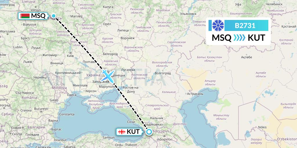 B2731 Belavia Flight Map: Minsk to Kutaisi