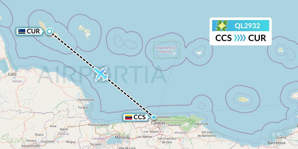 QL2932 Laser Airlines Flight Map: Caracas to Willemstad