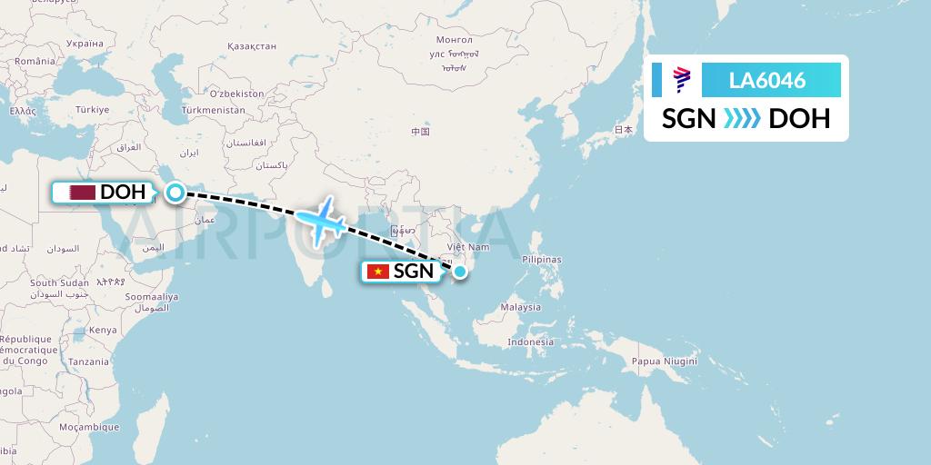 LA6046 LAN Airlines Flight Map: Ho Chi Minh City to Doha