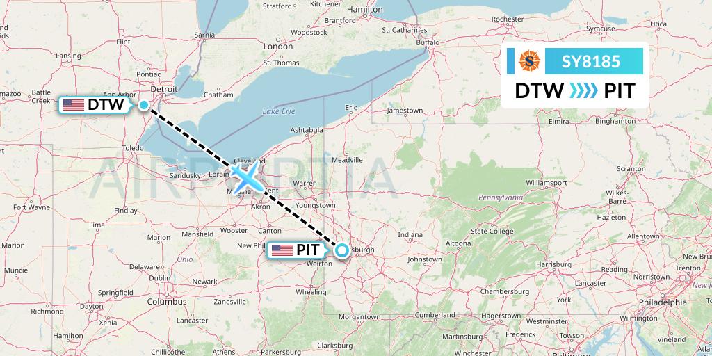 SY8185 Sun Country Airlines Flight Map: Detroit to Pittsburgh