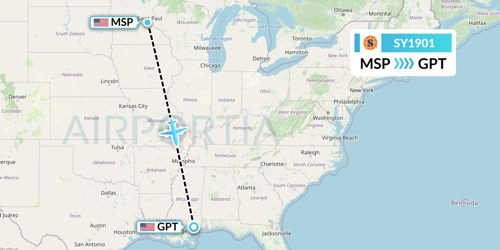 SY1901 Sun Country Airlines Flight Map: Minneapolis to Gulfport